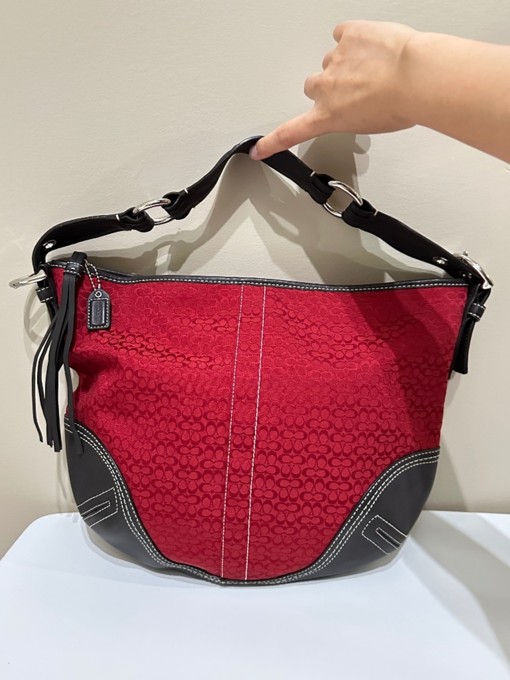 Vintage Coach Signature Large Soho Hobo Shoulder Bag Red Brown Canvas Leather